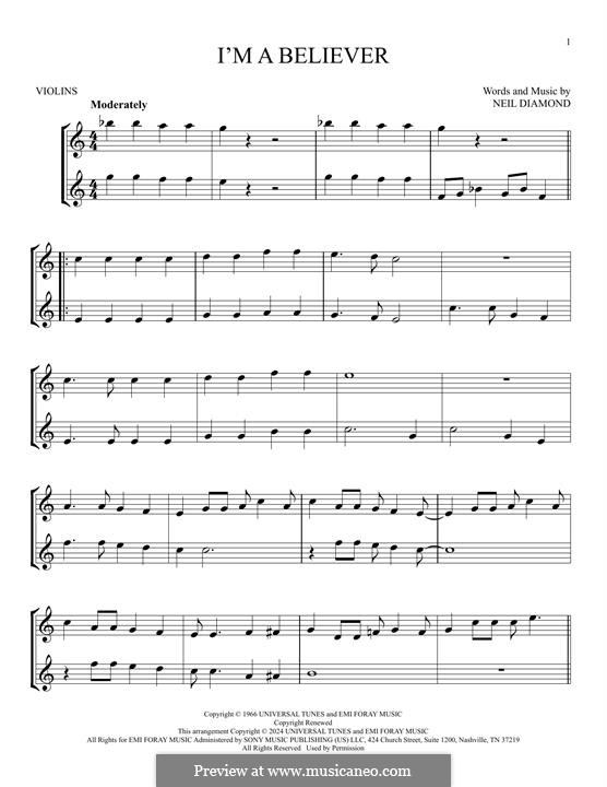 I'm a Believer: For two violins by Neil Diamond