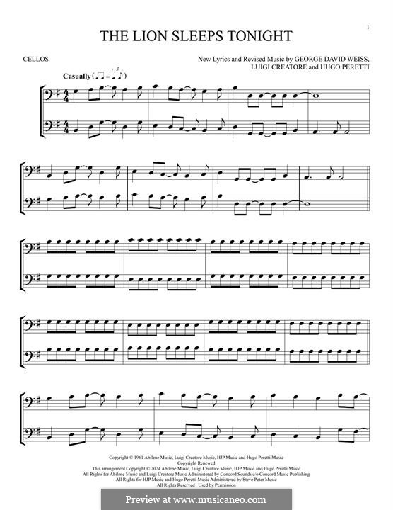 The Lion Sleeps Tonight (Wimoweh): For two cellos by George David Weiss, Hugo Peretti, Luigi Creatore