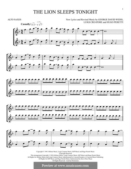 The Lion Sleeps Tonight (Wimoweh): For two alto saxophones by George David Weiss, Hugo Peretti, Luigi Creatore