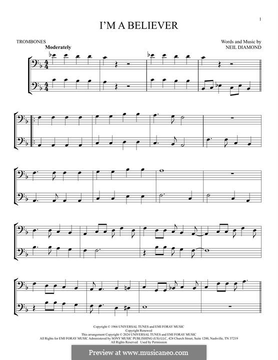 I'm a Believer: For two trombones by Neil Diamond