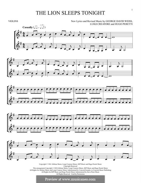 The Lion Sleeps Tonight (Wimoweh): For two violins by George David Weiss, Hugo Peretti, Luigi Creatore