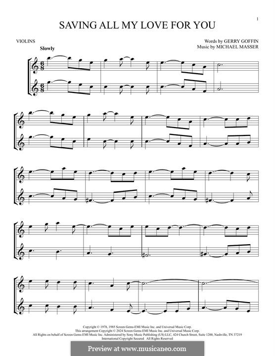 Saving All My Love for You (Whitney Houston): For two violins by Gerry Goffin, Michael Masser