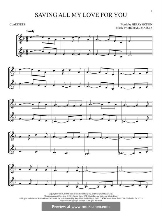 Saving All My Love for You (Whitney Houston): For two clarinets by Gerry Goffin, Michael Masser