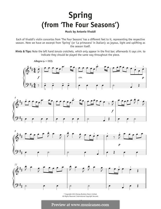 Violin Concerto No.1 in E Major 'La primavera' (Printable Scores), RV 269: Movement I (Theme), for piano by Antonio Vivaldi