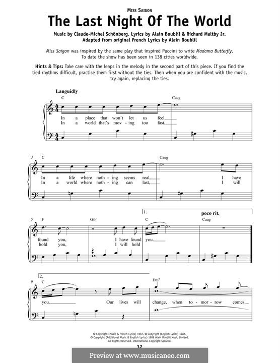 The Last Night of the World: For piano by Claude-Michel Schönberg