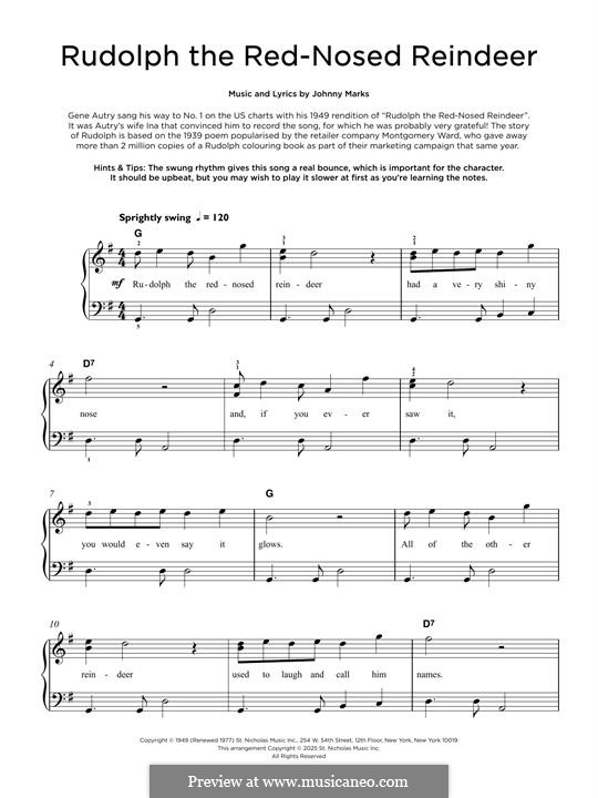 Rudolph the Red-Nosed Reindeer (Piano version): For a single performer by Johnny Marks