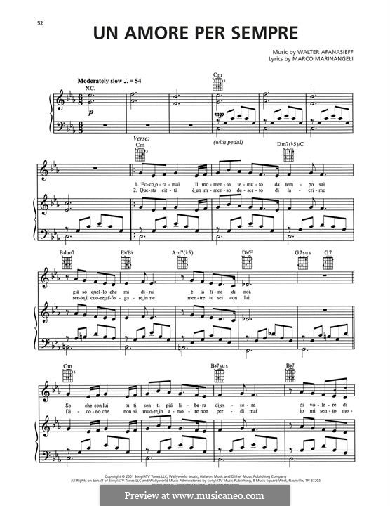 Un Amore Per Sempre (Josh Groban): For voice and piano (or guitar) by Marco Marinangeli, Walter Afanasieff
