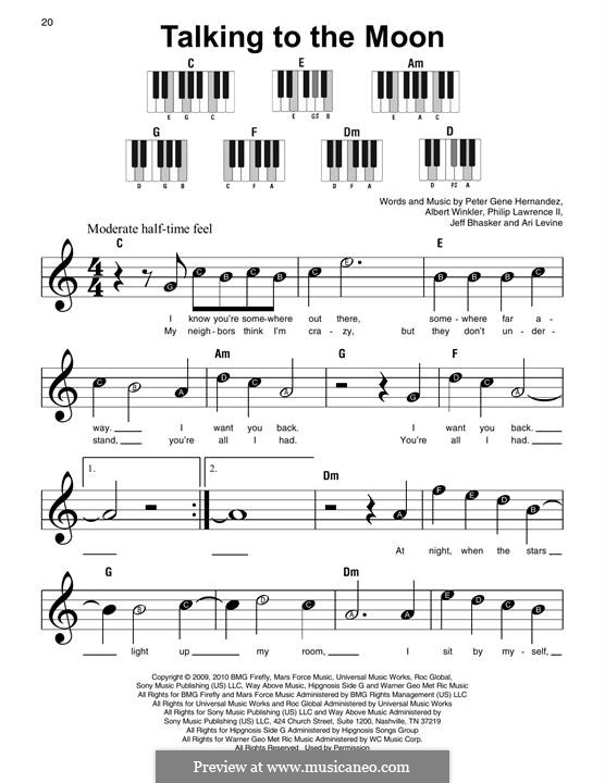 Talking to the Moon: For piano by Albert Winkler, Ari Levine, Jeff Bhasker, Bruno Mars, Philip Lawrence