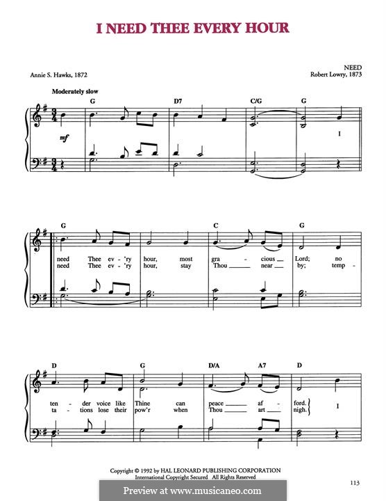 I Need Thee Every Hour: For piano by Robert Lowry