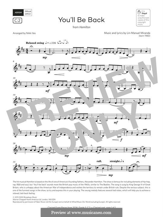 You'll Be Back (from 'Hamilton'): For clarinet by Lin-Manuel Miranda
