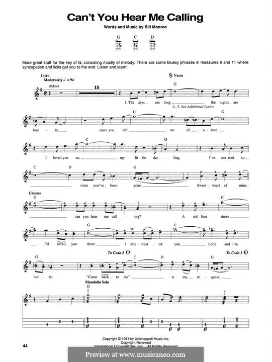 Can't You Hear Me Callin': For mandolin by Bill Monroe