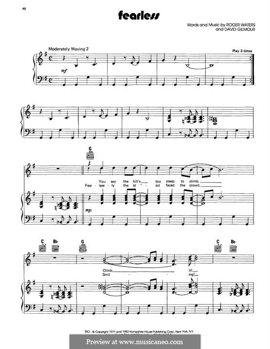 Fearless (Pink Floyd): For voice and piano (or guitar) by David Gilmour, Roger Waters