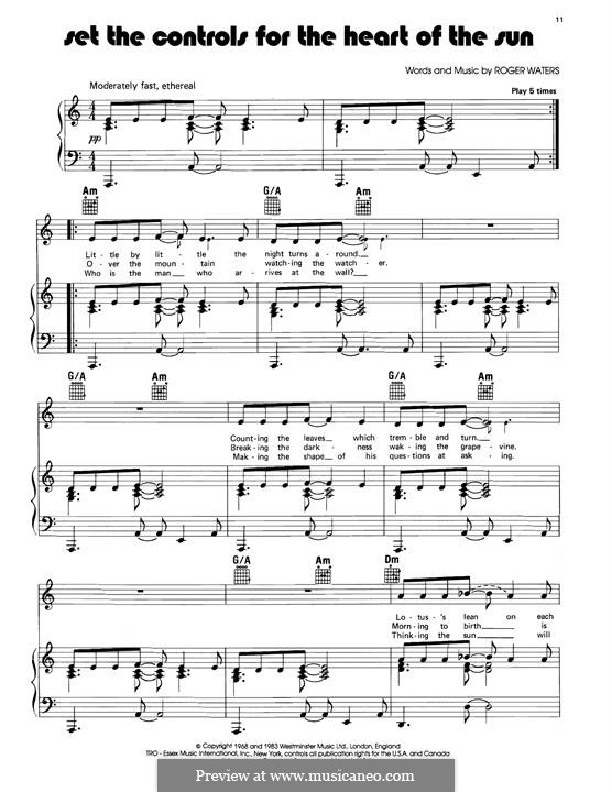 Set the Controls for the Heart of the Sun (Pink Floyd): For voice and piano (or guitar) by Roger Waters