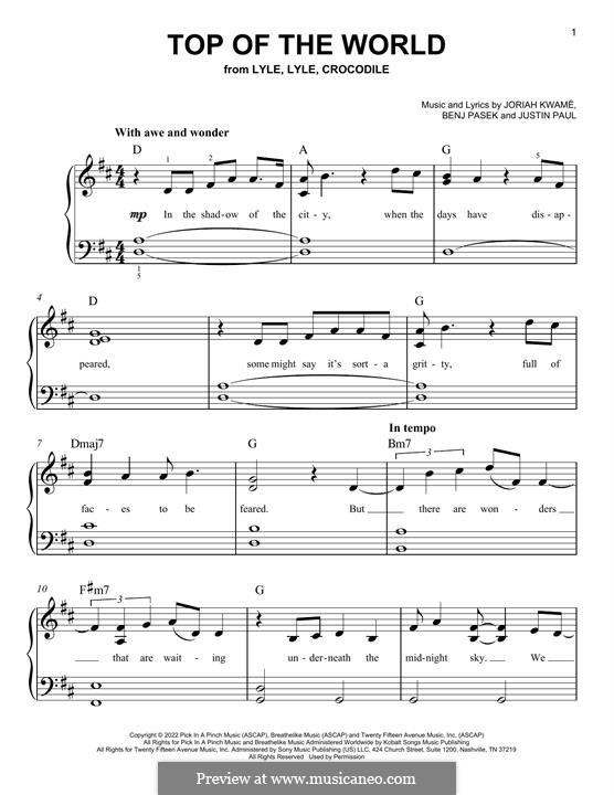 Top Of The World (from Lyle, Lyle, Crocodile): For piano by Justin Paul, Benj Pasek
