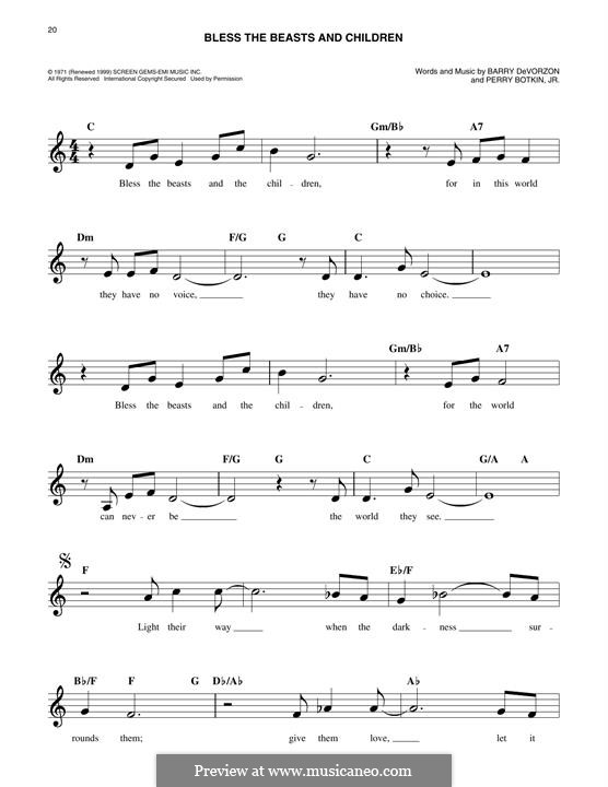 Bless the Beasts and Children (Carpenters): Melody line by Barry DeVorzon, Perry Botkin Jr.
