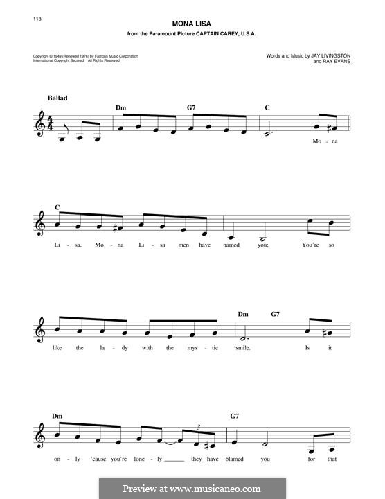 Mona Lisa (Nat King Cole): Melody line by Jay Livingston, Raymond Evans