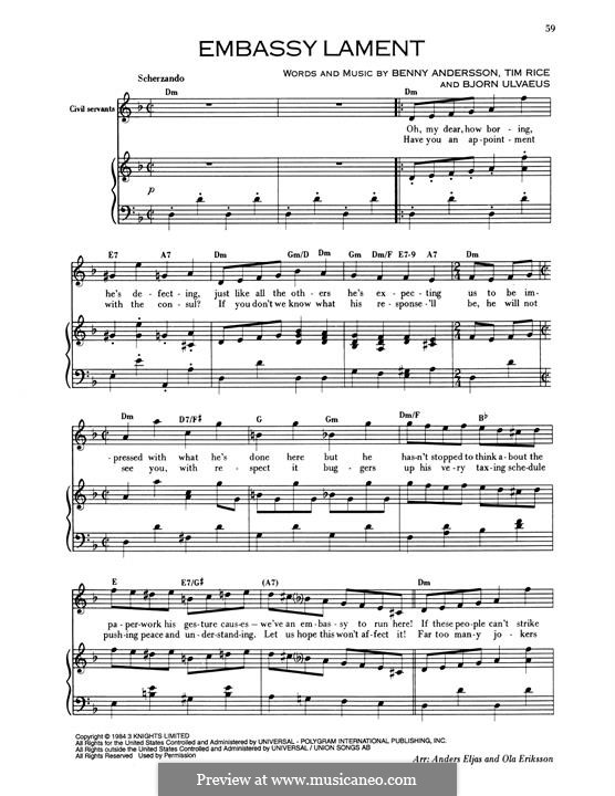 Embassy Lament (from Chess): For voice and piano by Benny Andersson, Björn Ulvaeus
