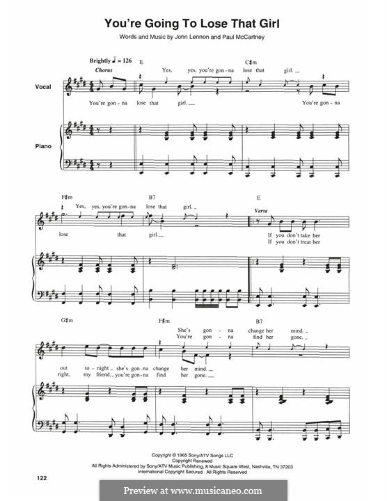 You're Going to Lose That Girl (The Beatles): For voice and piano by John Lennon, Paul McCartney