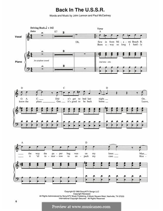 Back in the USSR (The Beatles): For voice and piano by John Lennon, Paul McCartney