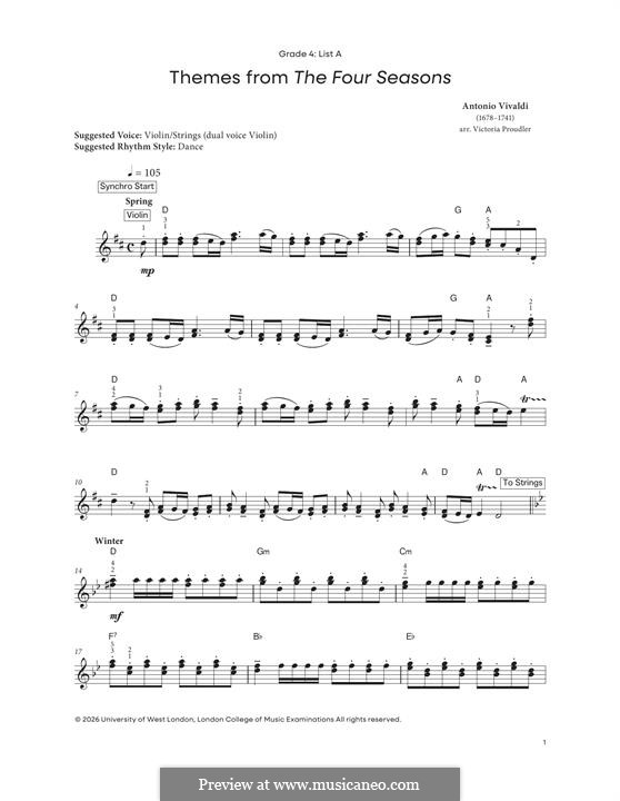 Violin Concerto No.1 in E Major 'La primavera' (Printable Scores), RV 269: Movement 1 Allegro, for piano by Antonio Vivaldi