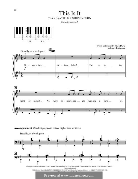This Is It (The Bugs Bunny Show): For piano by Jerry Livingston, Mack David