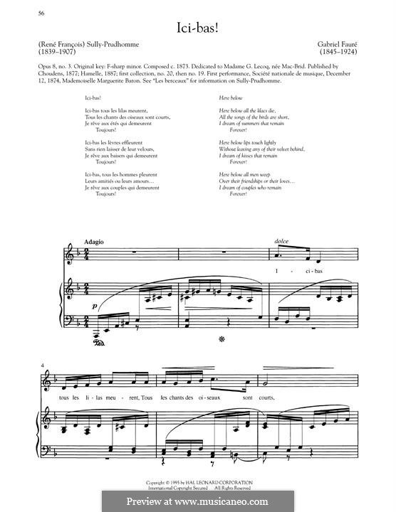 Three Songs, Op.8: No.3 Ici-bas (Low Voice) by Gabriel Fauré
