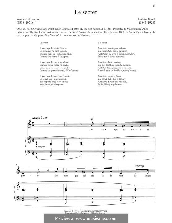 Three Songs, Op.23: No.3 Le secret (Low Voice) by Gabriel Fauré