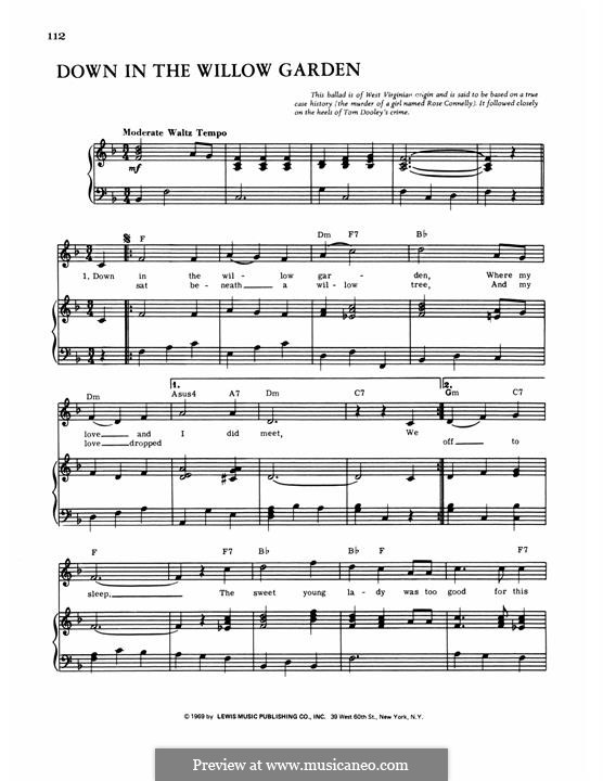 Down in the Willow Garden: For voice and piano (or guitar) by folklore