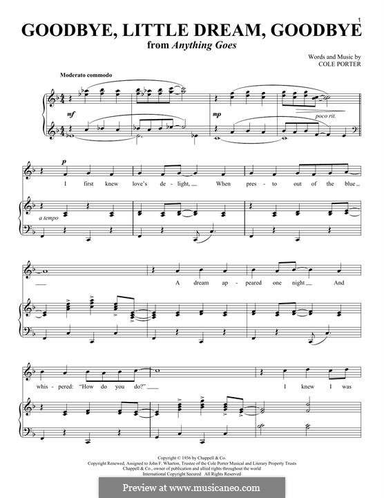 Goodbye, Little Dream, Goodbye: For voice and piano by Cole Porter