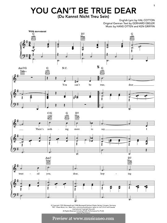 You Can't Be True Dear: For voice and piano (or guitar) by Hans Otten