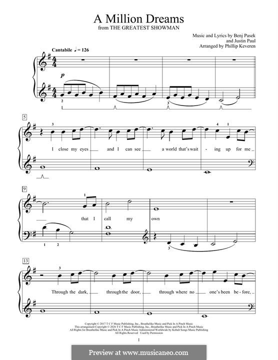 A Million Dreams (from The Greatest Showman): For piano by Justin Paul, Benj Pasek