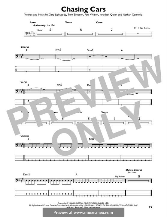 Chasing Cars (Snow Patrol): For bass guitar with tab by Gary Lightbody, Jonathan Quinn, Nathan Connolly, Paul Wilson, Tom Simpson