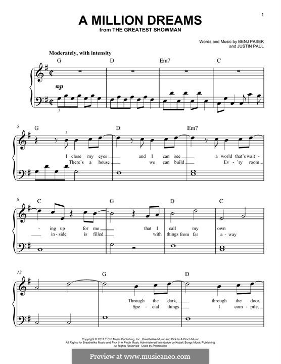 A Million Dreams (from The Greatest Showman): For piano by Justin Paul, Benj Pasek