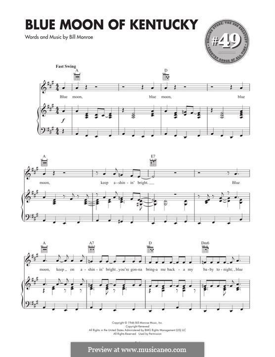 Blue Moon of Kentucky: For voice and piano (or guitar) by Bill Monroe