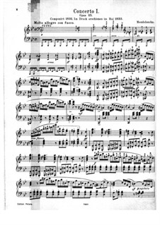 Concerto for Piano and Orchestra No.1 in G Minor, Op.25: Version for piano by Felix Mendelssohn-Bartholdy