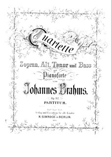Four Quartets for Voices and Piano, Op.92: Complete set by Johannes Brahms