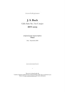 Suite for Cello No.3 in C Major, BWV 1009: Arrangement for piano, tbpt3 by Johann Sebastian Bach
