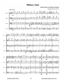 Military Suite for intermediate cello quartet (four cellos) or 1 viola plus 3 cellos. Sousa, Caissons, Johnny comes marching home: Military Suite for intermediate cello quartet (four cellos) or 1 viola plus 3 cellos. Sousa, Caissons, Johnny comes marching home by folklore, John Philip Sousa, Gustav Holst