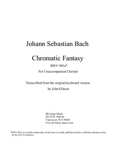 Chromatic Fantasia in D Minor, BWV 903a: Version for solo (unaccompanied) clarinet by Johann Sebastian Bach
