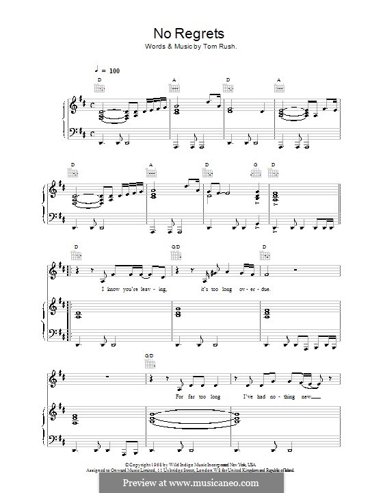 No Regrets (Scott Walker) by T. Rush sheet music on MusicaNeo