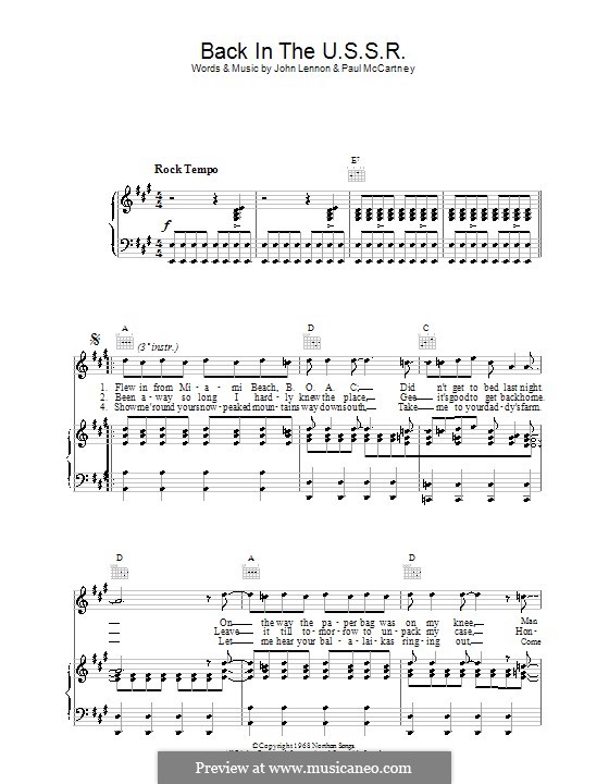 Back in the USSR (The Beatles): For voice and piano or guitar (A Major) by John Lennon, Paul McCartney