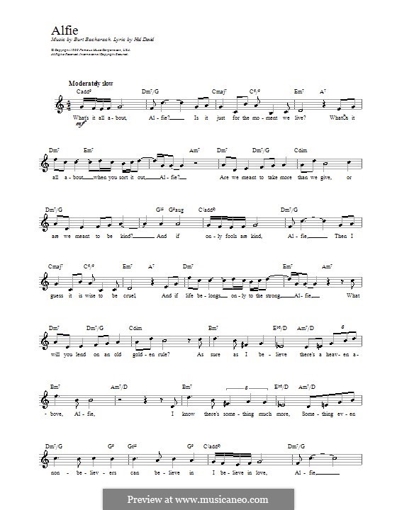 Alfie: Melody line, lyrics and chords (Cilla Black) by Burt Bacharach