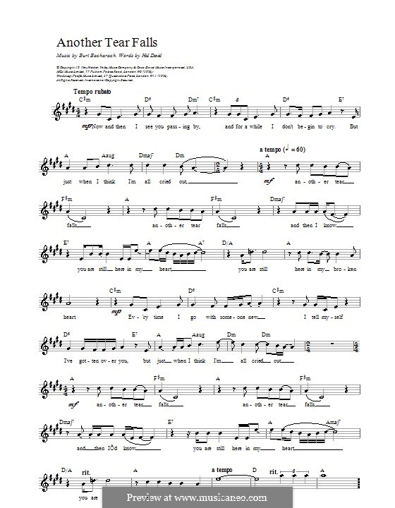 Another Tear Falls: Melody line, lyrics and chords by Burt Bacharach
