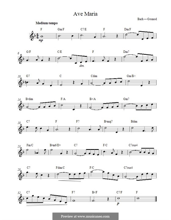 Ave Maria (Printable Sheet Music): Melody line by Johann Sebastian Bach, Charles Gounod