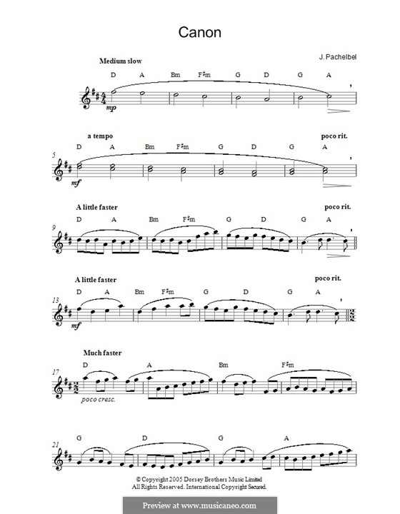 Canon in D Major (Printable): Melody line and chords by Johann Pachelbel