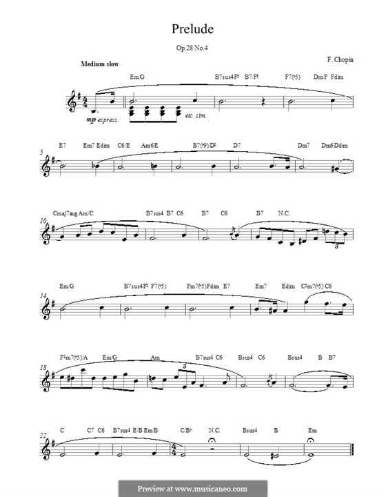 No.4 in E Minor: Melody line, lyrics and chords by Frédéric Chopin