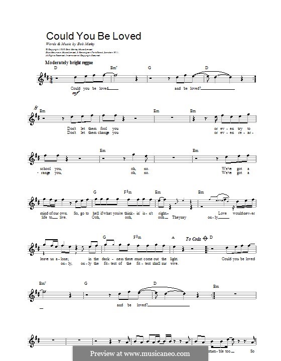 Could You Be Loved (Bob Marley and The Wailers): Melody line, lyrics and chords by Bob Marley