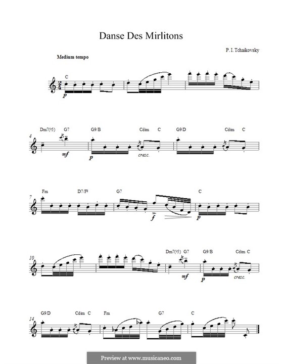 No.7 Dance of the Mirlitons: Melody line and chords by Pyotr Tchaikovsky