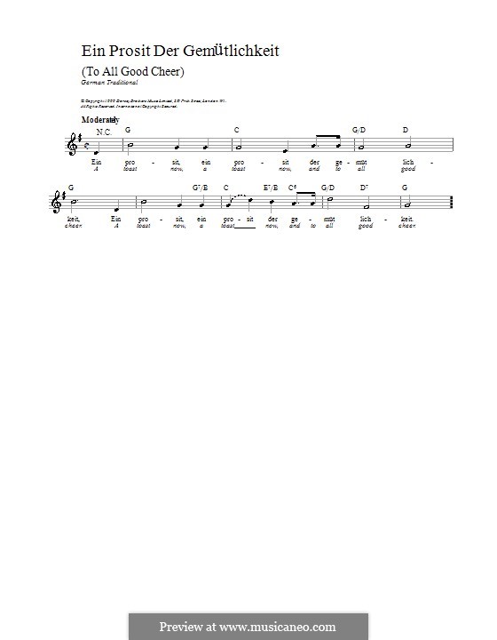 Ein Prosit der Gemütlichkeit: Melodische Linie, Text und Akkorde by folklore