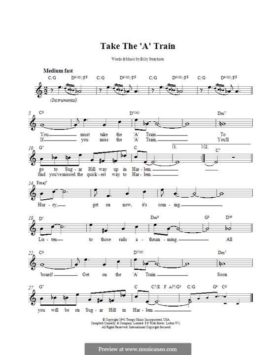 Take the 'A' Train (Duke Ellington): Melody line, lyrics and chords by Billy Strayhorn